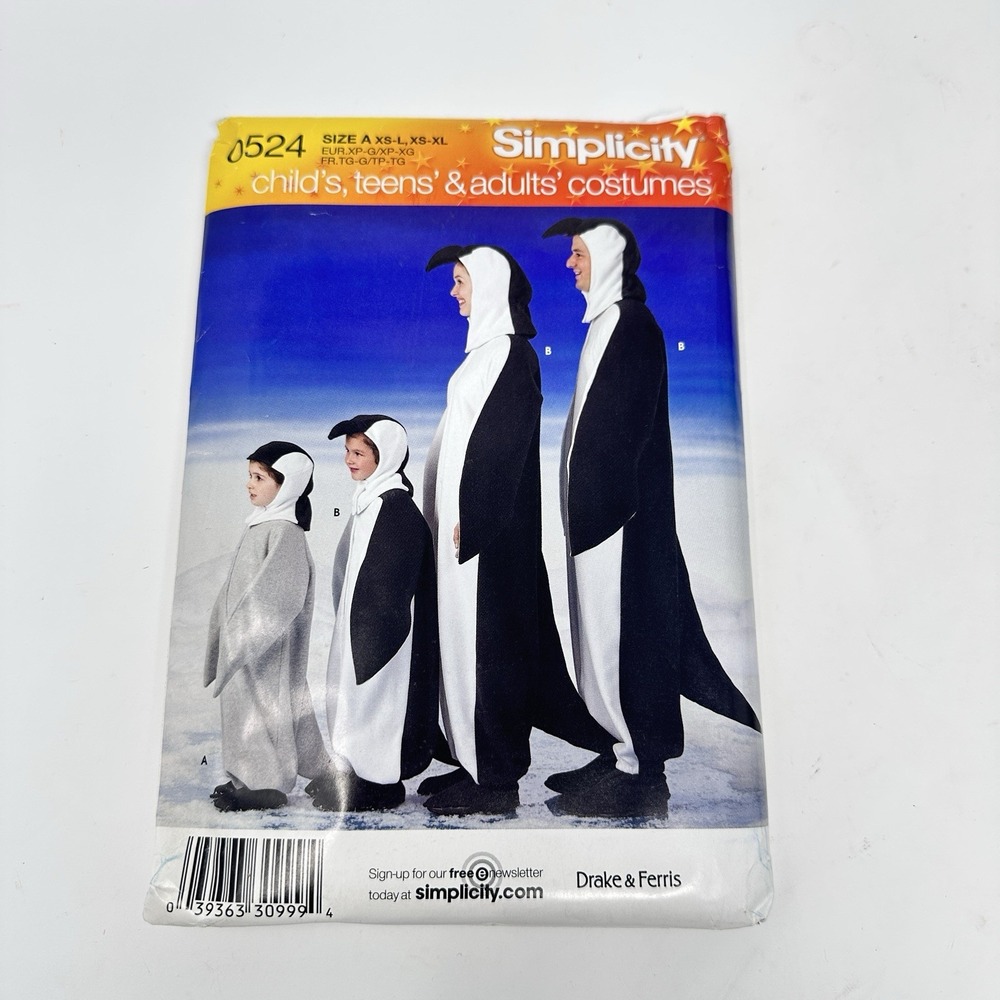 Simplicity 0524 Penguin Costume Sewing Pattern Child Teens Adult XS-XL Uncut